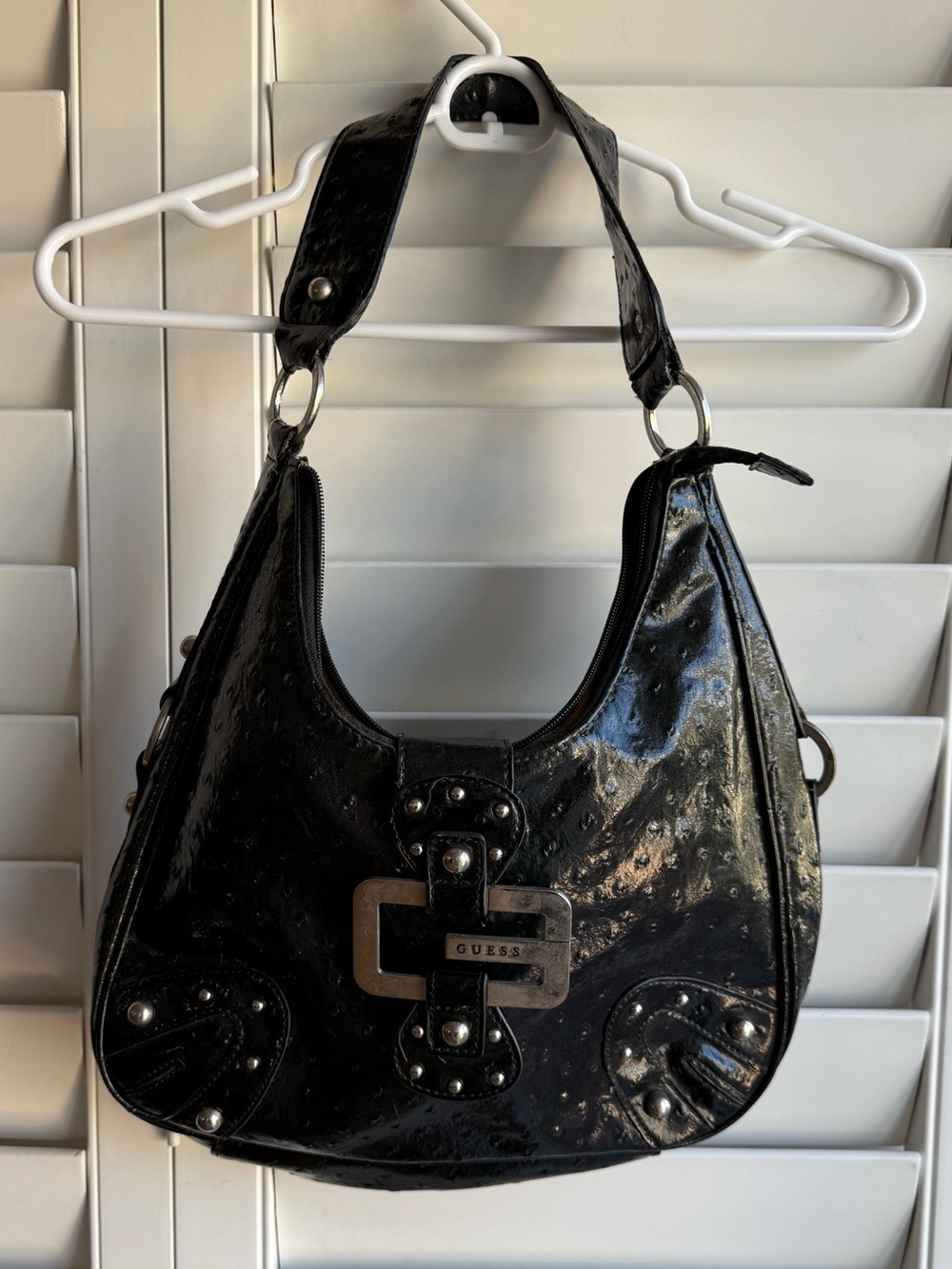 y2k GUESS Black Patent Shoulder Bag with Buckle Detail